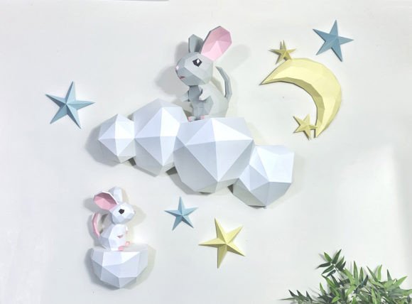 Mouse on Cloud Stars 3D Paper Scene